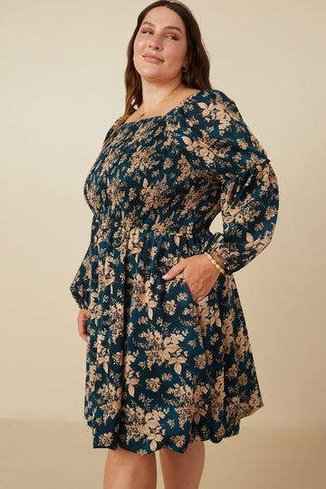 HY7667 Teal Womens Floral Peasant Sleeve Square Neck Dress Front